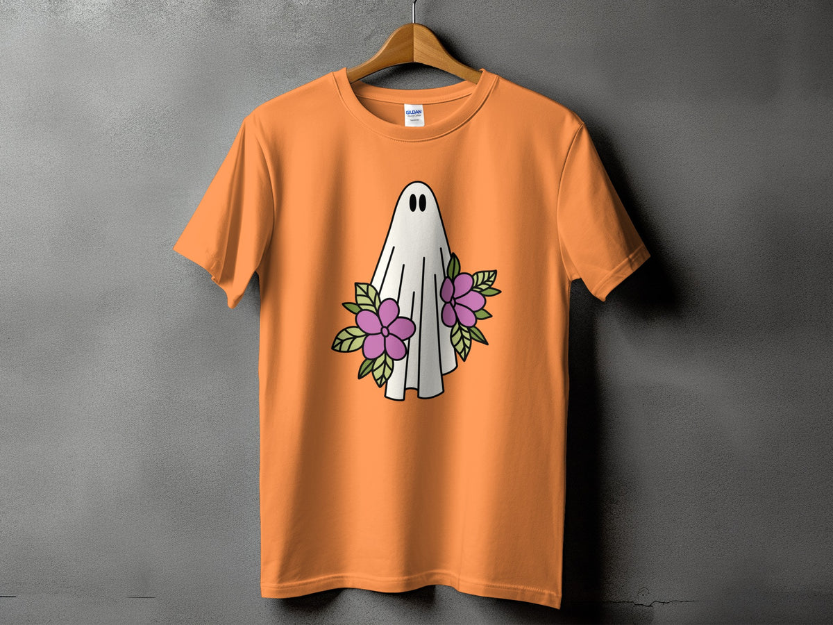 Orange t-shirt with a white ghost illustration and purple flowers.