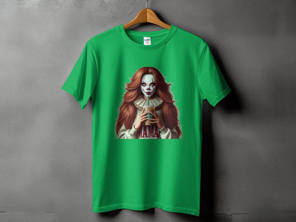 Green t-shirt with a clown illustration holding a coffee cup and the word "MAMA."