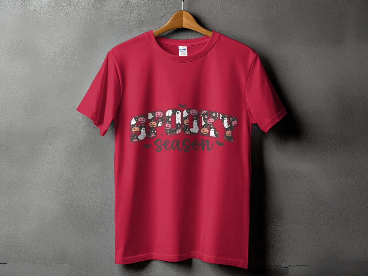 Red t-shirt with "Spooky Season" text featuring pumpkins and ghosts.