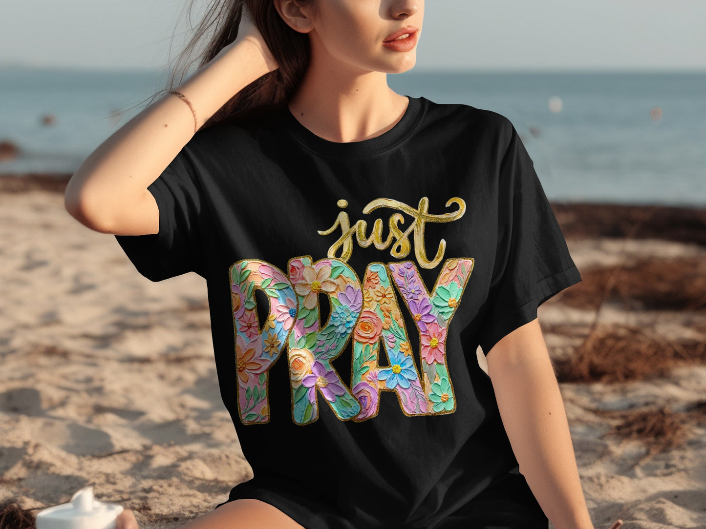 Just Pray Colorful Flower Design T-Shirt