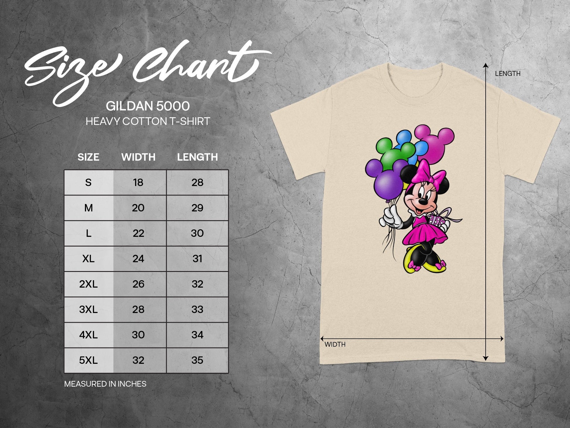 Gildan 5000 Minnie Mouse Balloons Size Chart T-Shirt product type