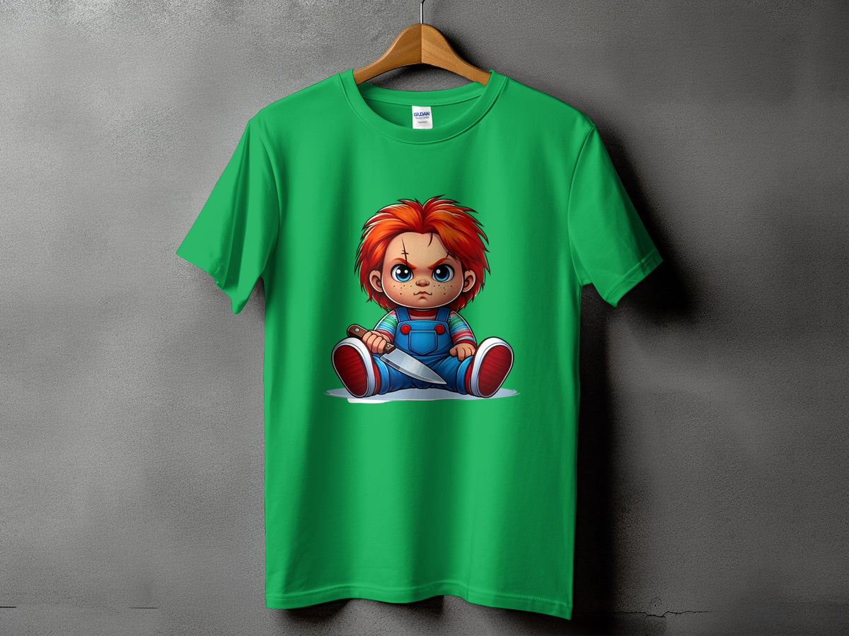 Green t-shirt with Chucky character design holding a knife.