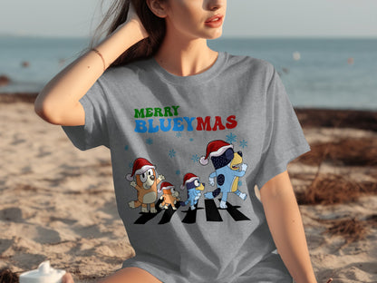 Merry Bluey Mas Cartoon Characters on Grey T-shirt