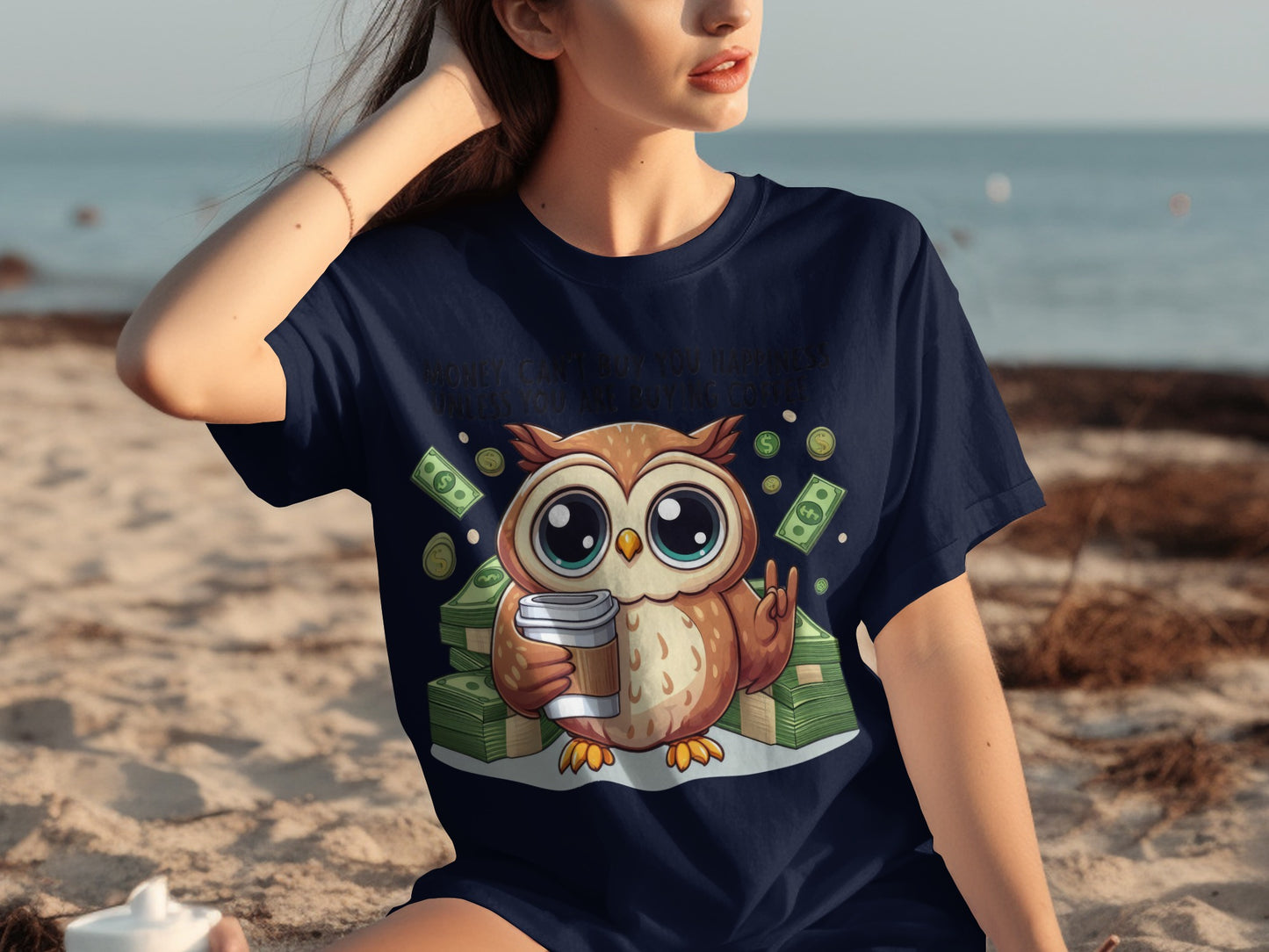 Cute Owl Holding Coffee Surrounded by Money T-shirt
