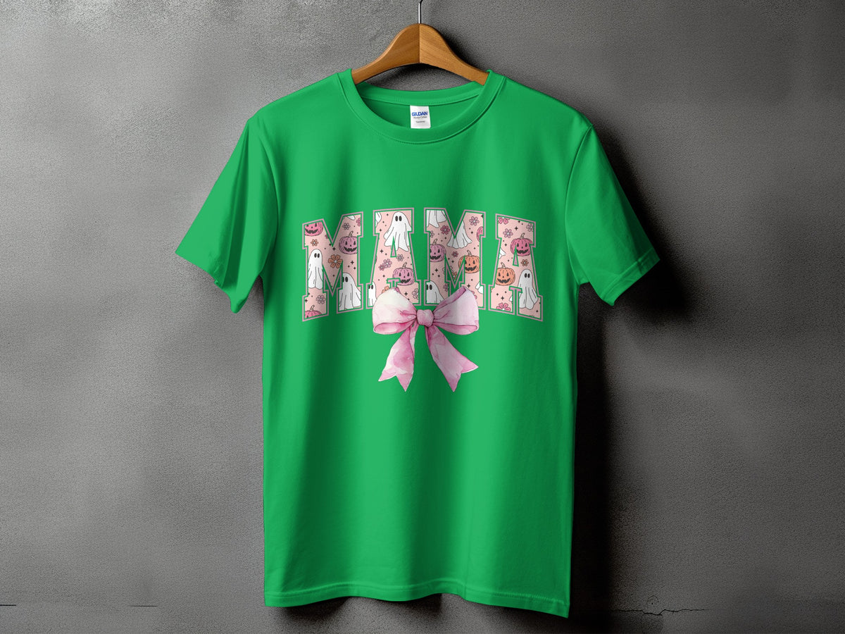Green t-shirt with "Mama" text filled with Halloween ghosts and pumpkins.