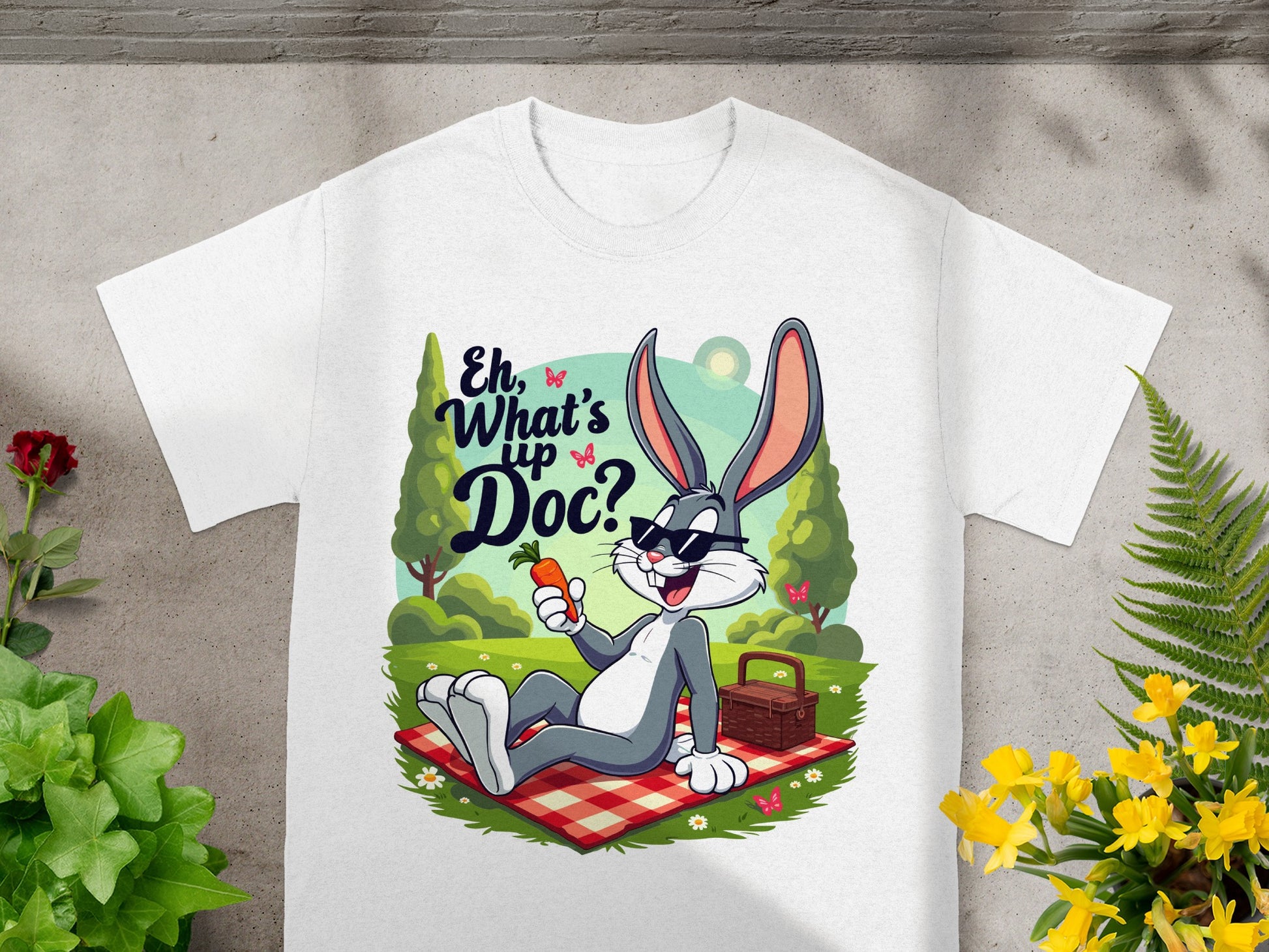 Bugs Bunny in sunglasses on a picnic blanket with a carrot.