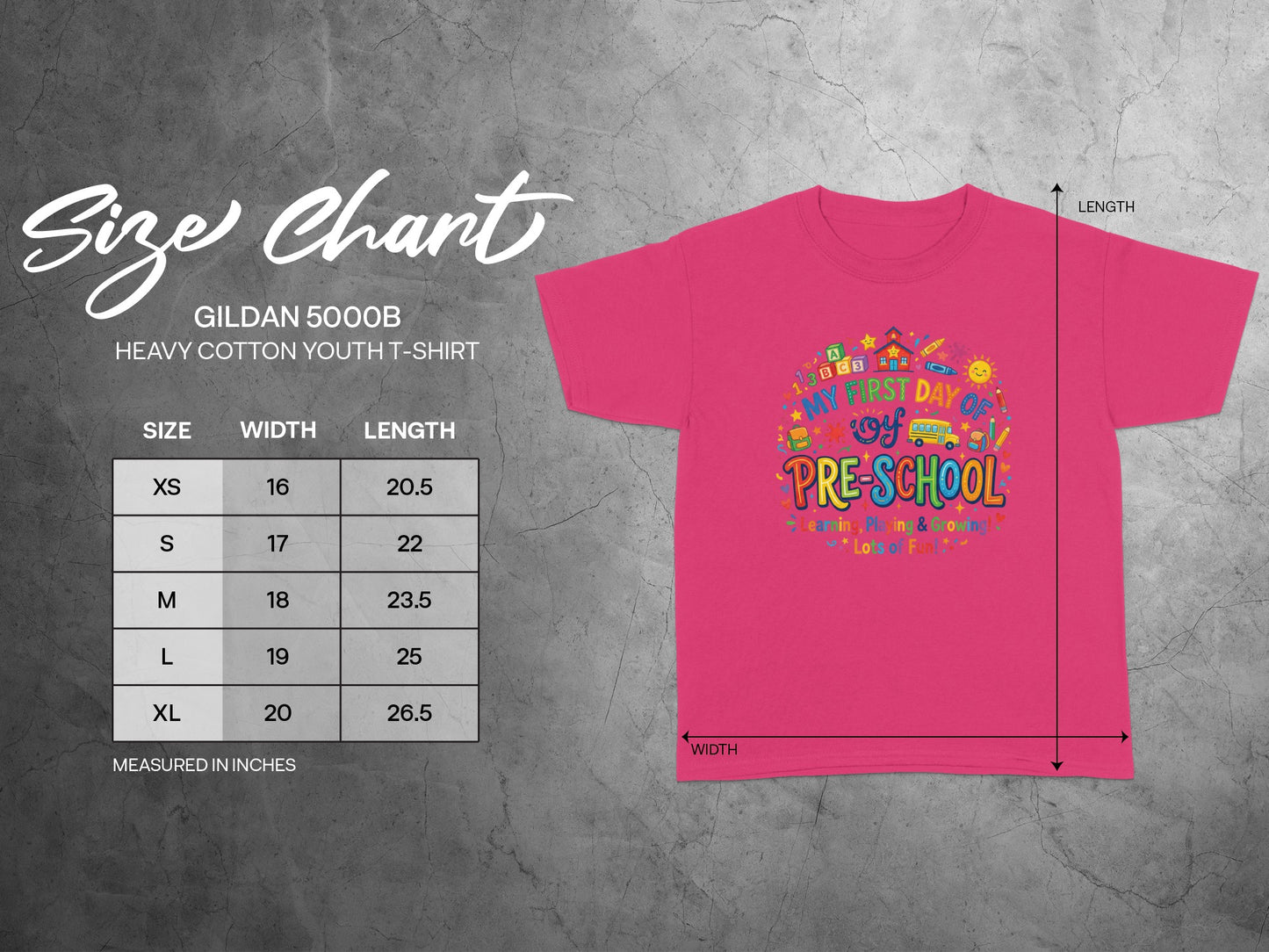 Gildan 5000B youth t-shirt size chart with measurements and front graphic.