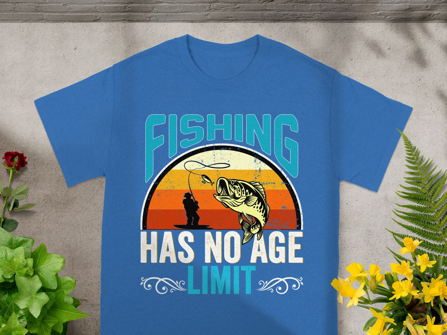 Blue t-shirt with "FISHING HAS NO AGE LIMIT" text and fishing graphic.