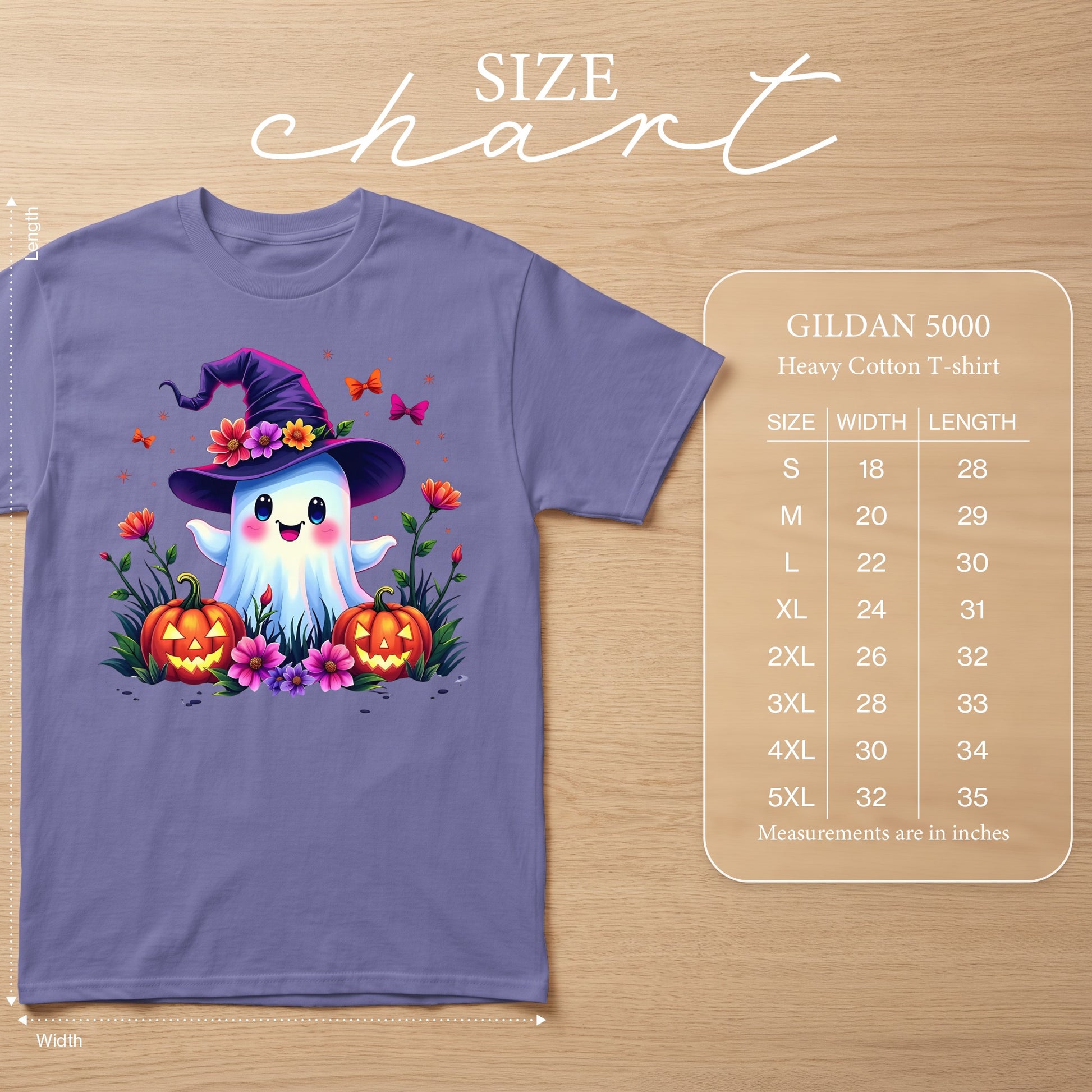Purple t-shirt with a cute ghost, pumpkins, and flowers graphic and a Gildan 5000 size chart.
