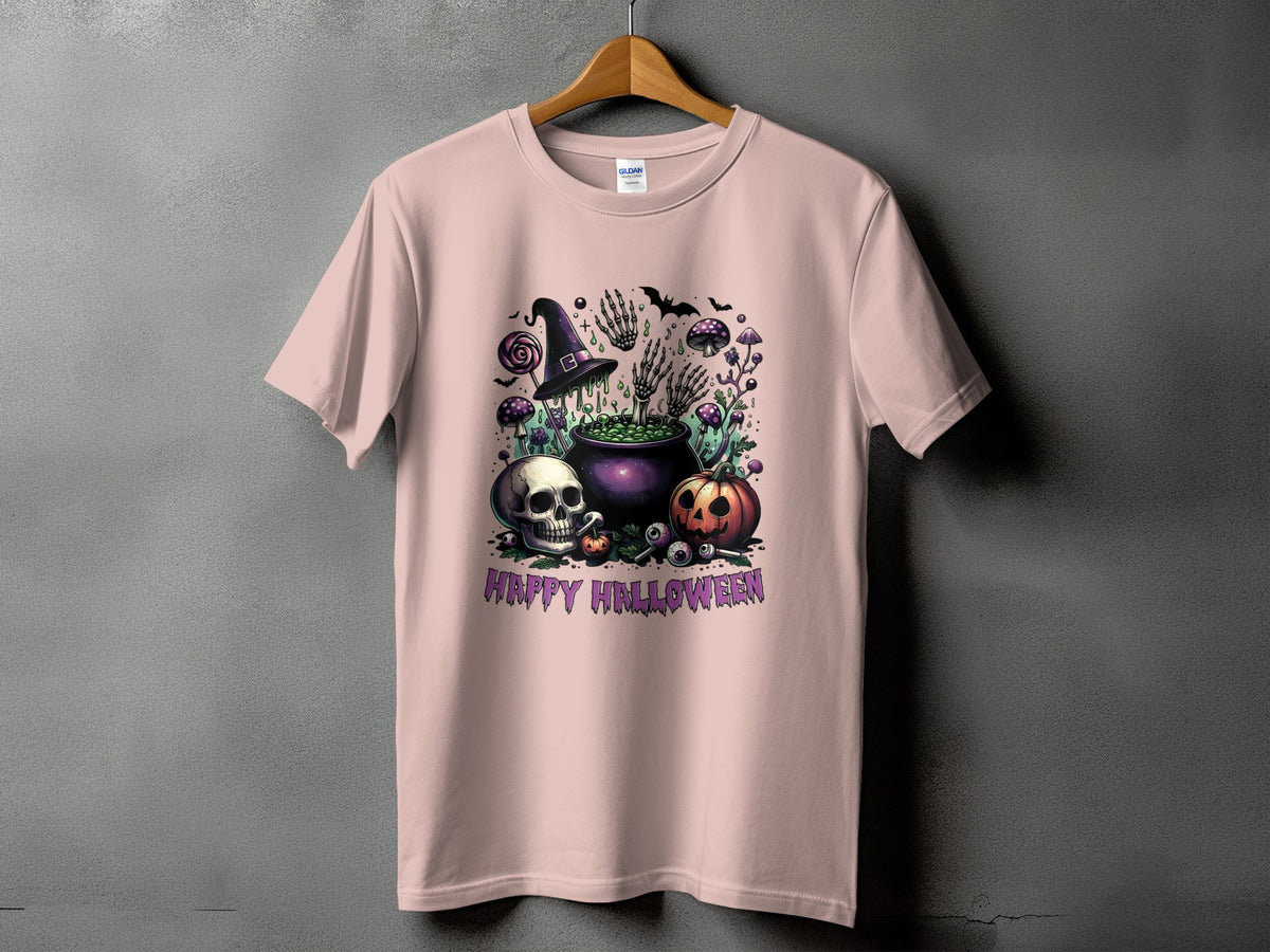 Pink t-shirt with Halloween graphic of skull, pumpkin, cauldron, witch hat, and bats.