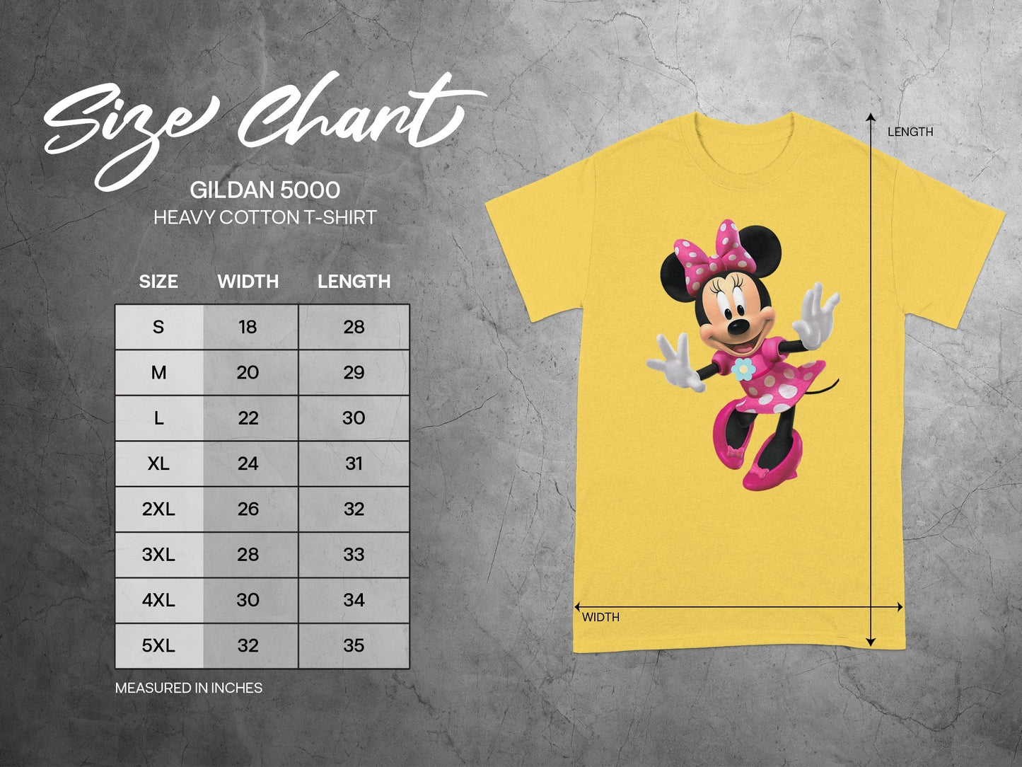 GILDAN 5000 T-Shirt Minnie Mouse Design Size Chart product type