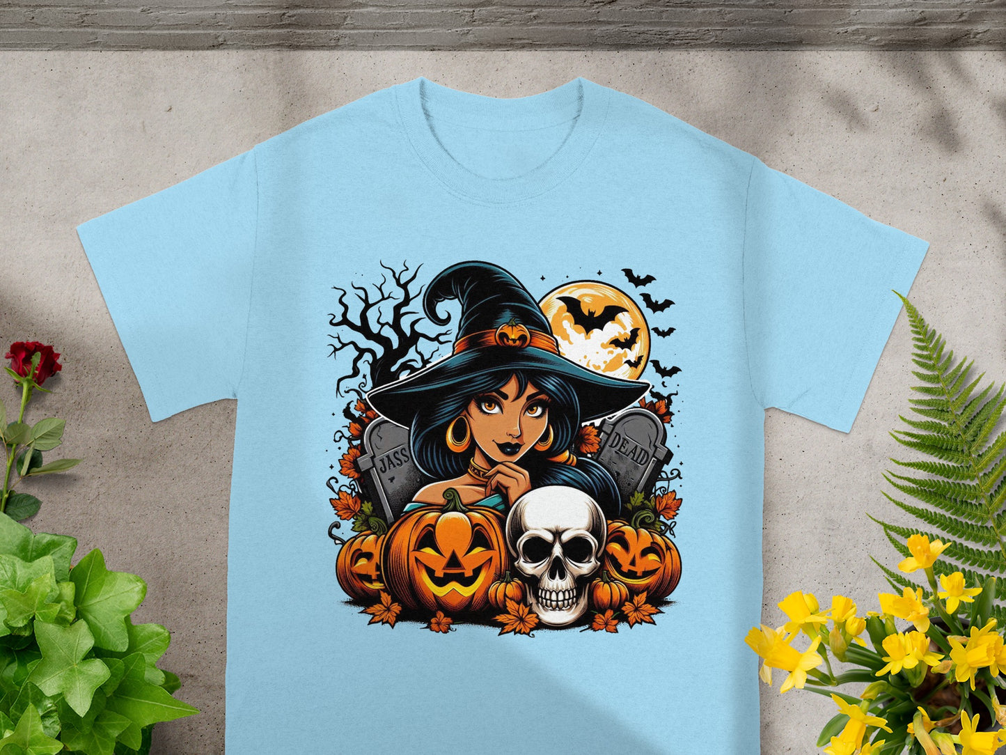 Halloween graphic with a witch, pumpkins, skull, tombstones, bats, and full moon.
