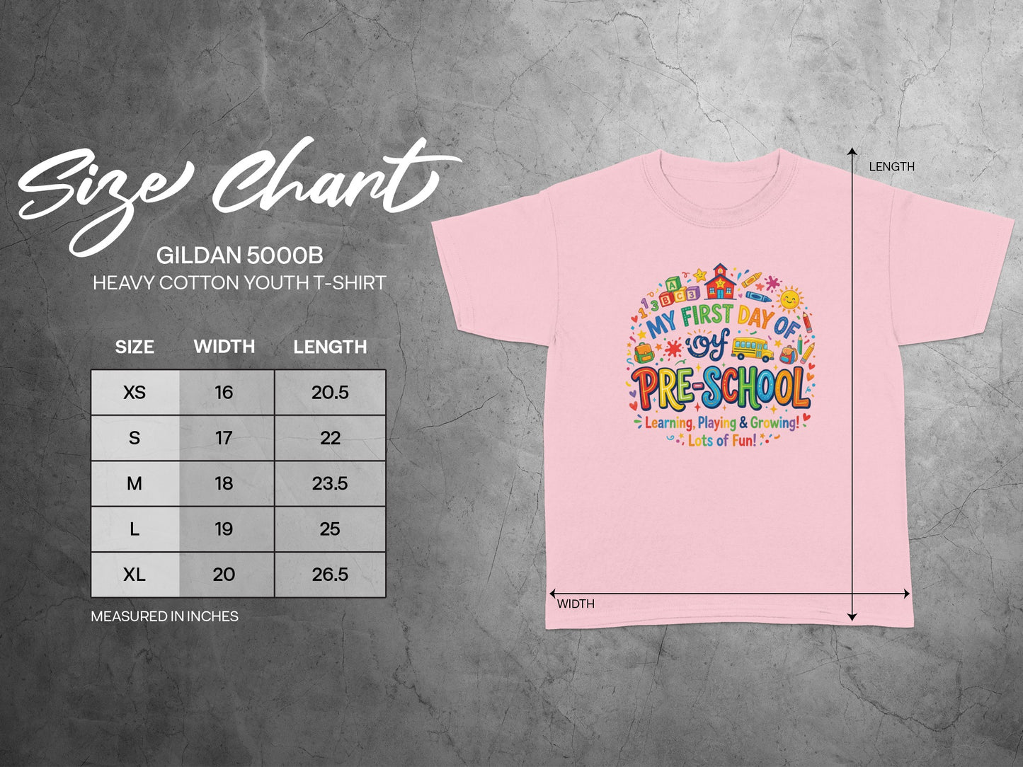 Gildan 5000B youth t-shirt size chart details width and length measurements.