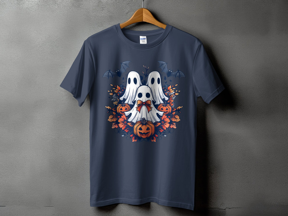 Dark gray t-shirt with three ghosts, pumpkins, bats, and floral Halloween design.