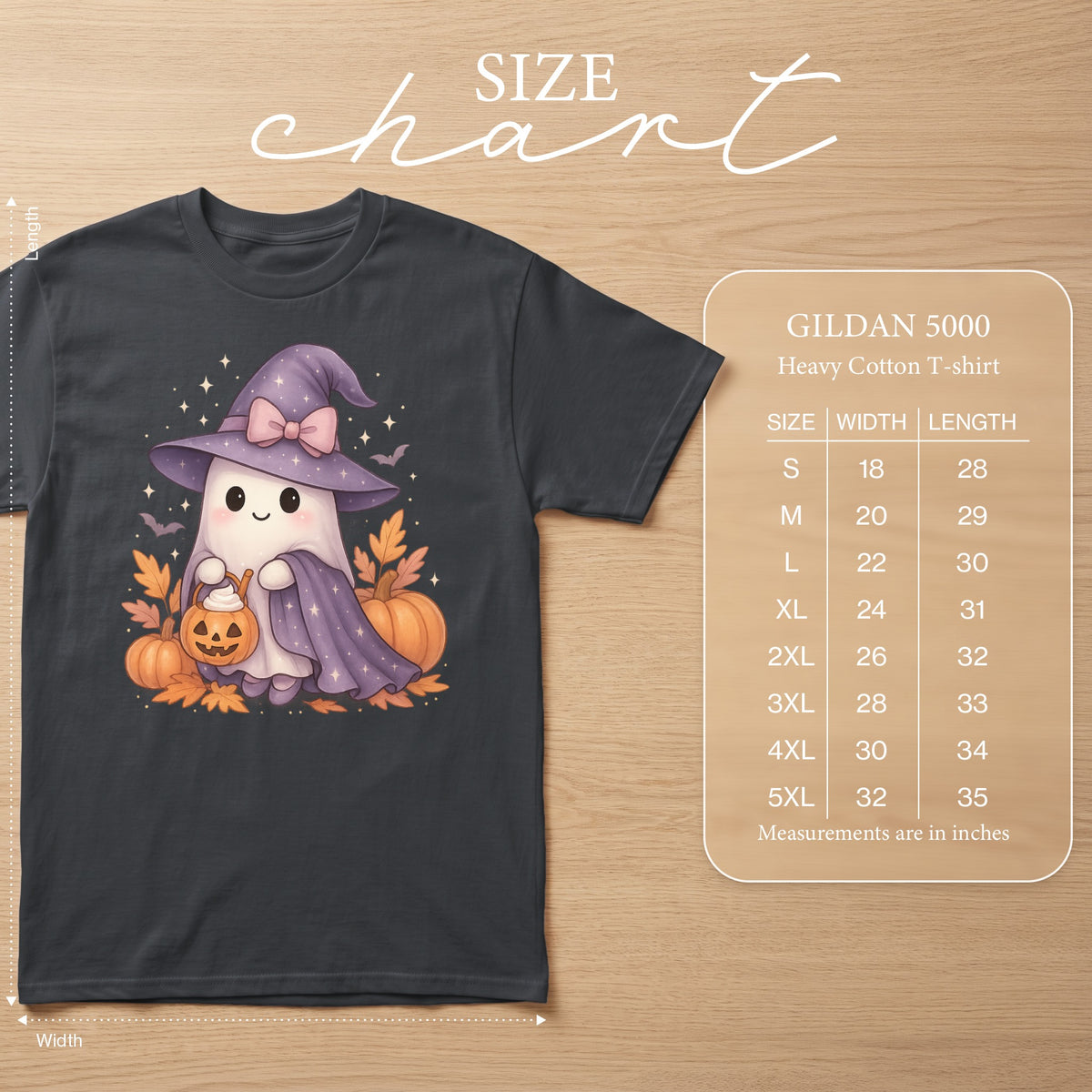 Gildan 5000 t-shirt size chart with a cute ghost graphic and pumpkins.