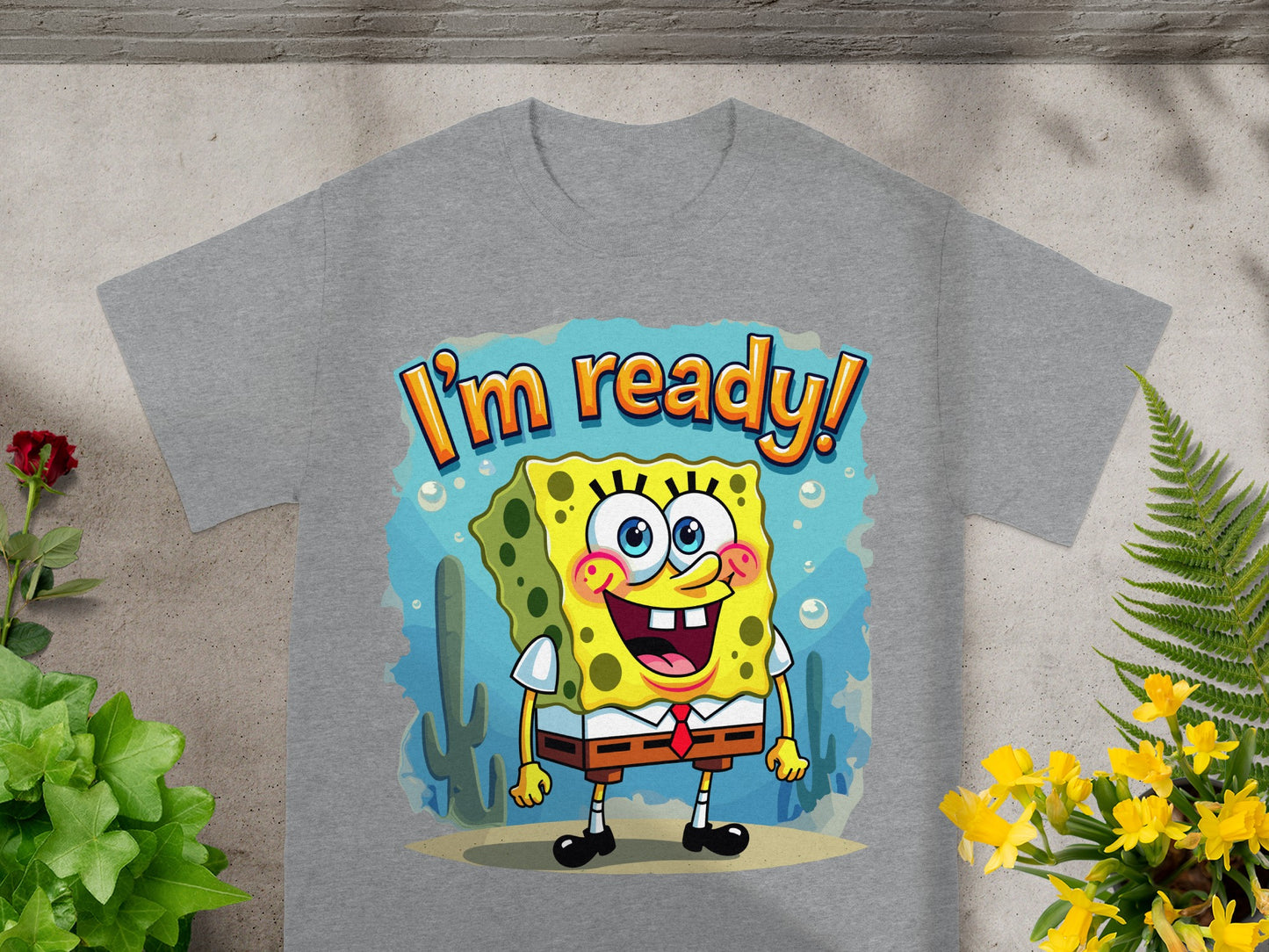 SpongeBob SquarePants graphic t-shirt with "I'm ready!" text.