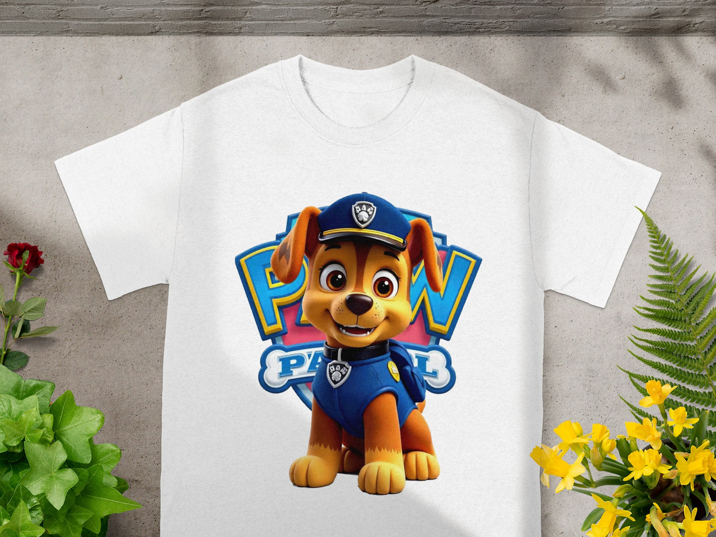 Chase from Paw Patrol on a white t-shirt.