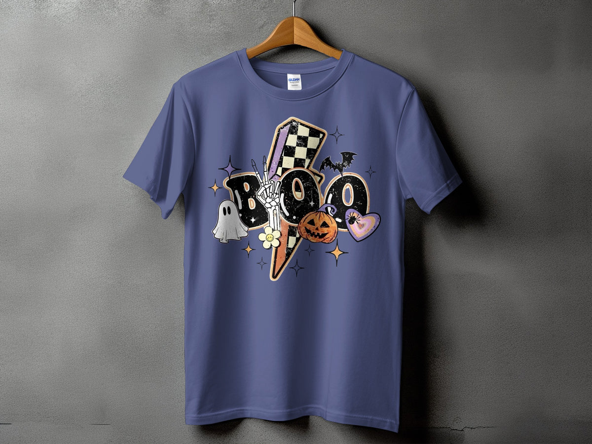 Purple t-shirt with Halloween "BOO" graphic featuring ghost, skeleton hand, pumpkin, and lightning bolt.