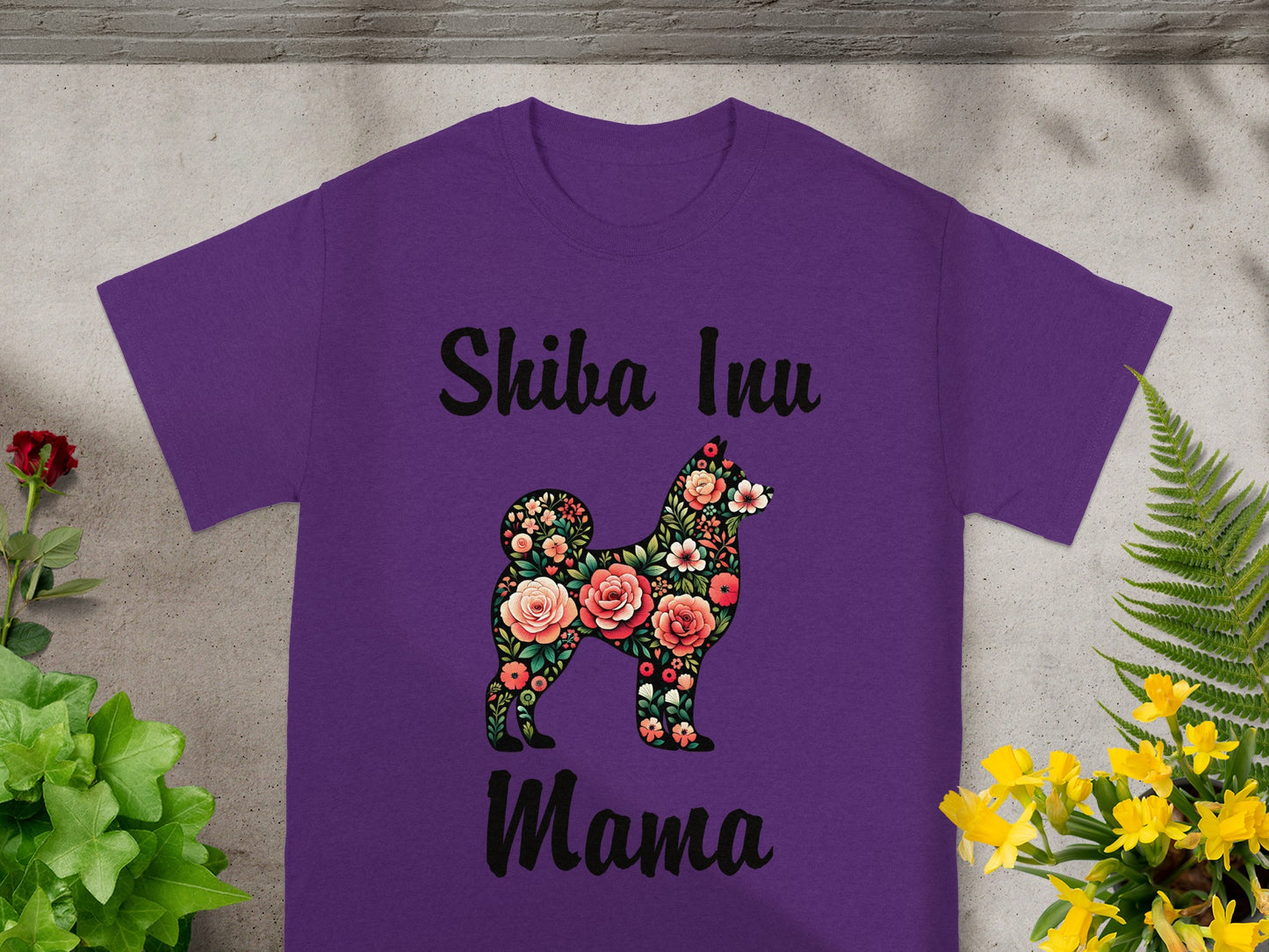 Purple t-shirt with floral Shiba Inu silhouette and "Shiba Inu Mama" text.