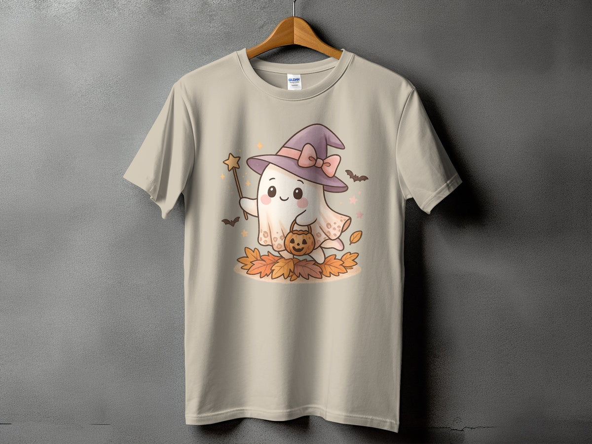 Ghost with witch hat holding pumpkin bucket and star wand on autumn leaves.