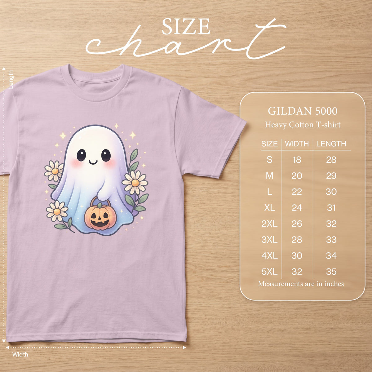 Lilac t-shirt with ghost graphic and Gildan 5000 size chart.