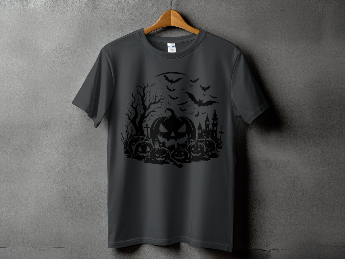 Dark gray t-shirt with black Halloween graphic of pumpkins, bats, and a haunted house.