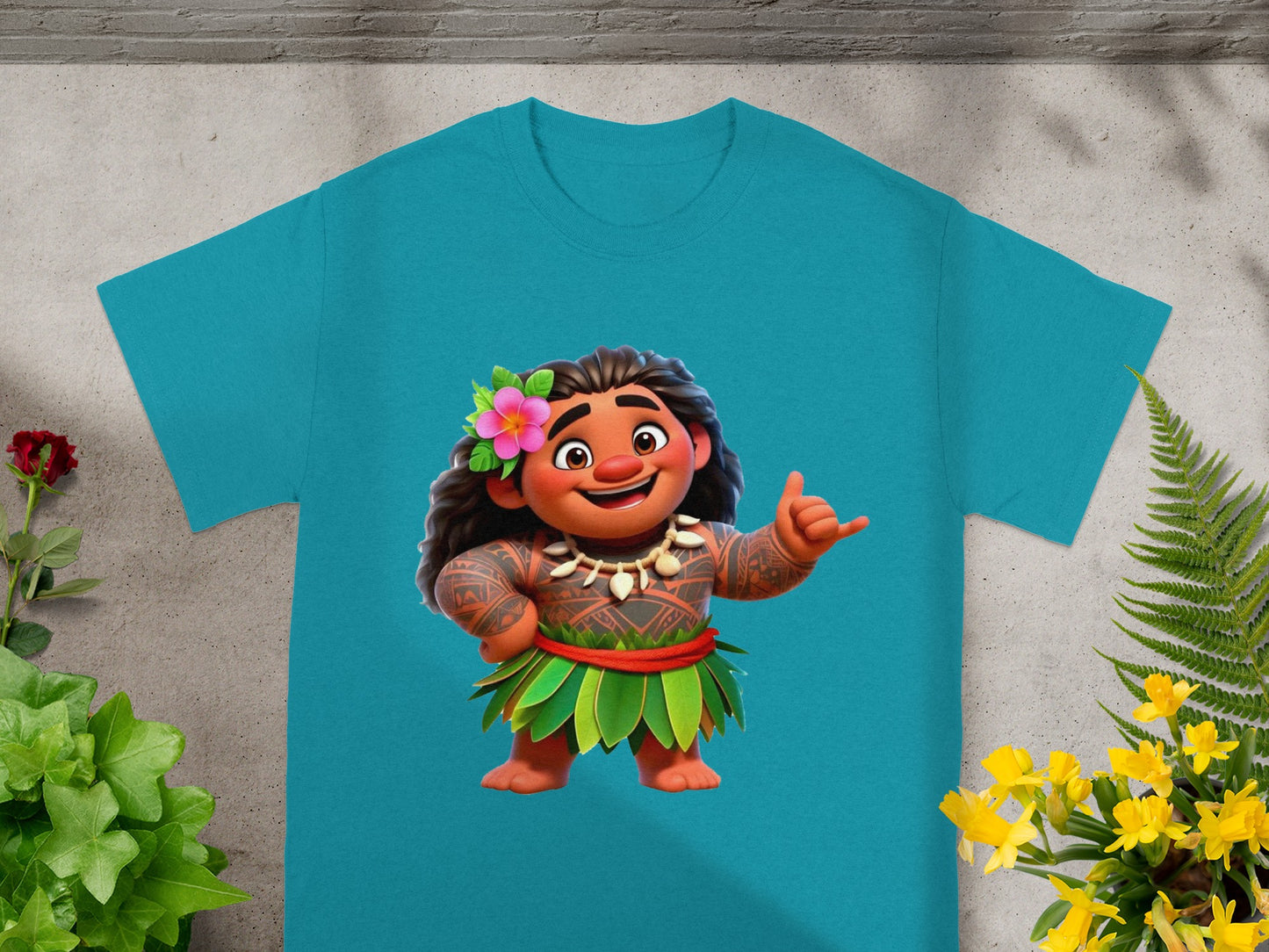 Teal t-shirt featuring a cartoon character with a flower in their hair.