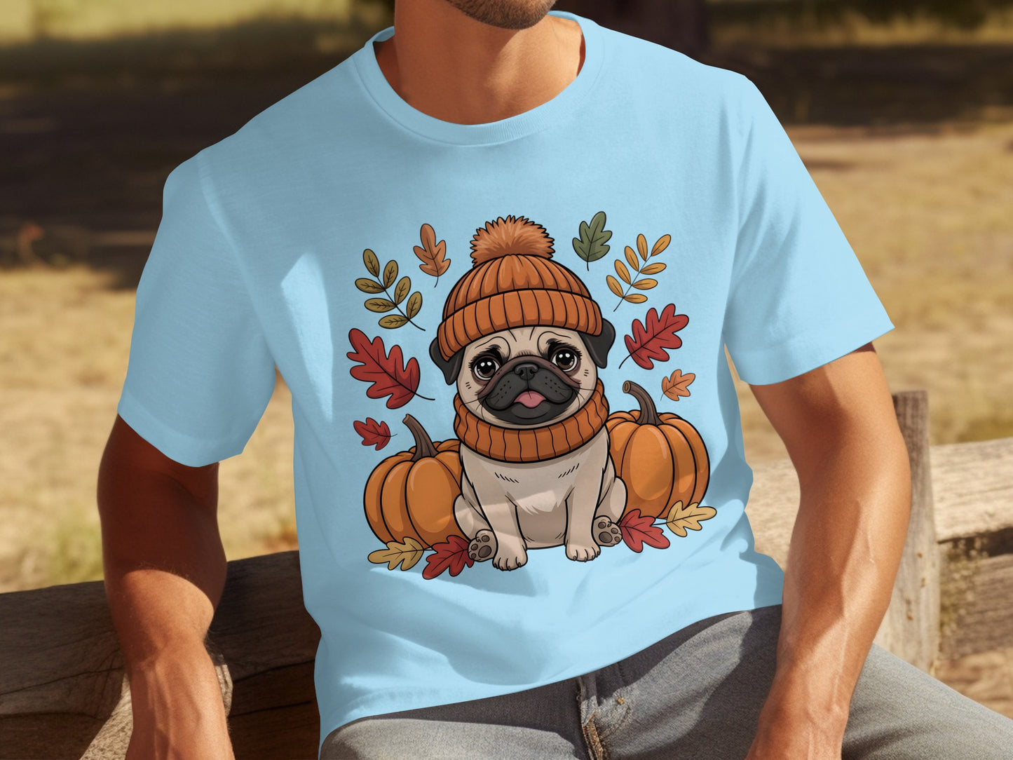Cute Pug With Pumpkins and Leaves T-shirt