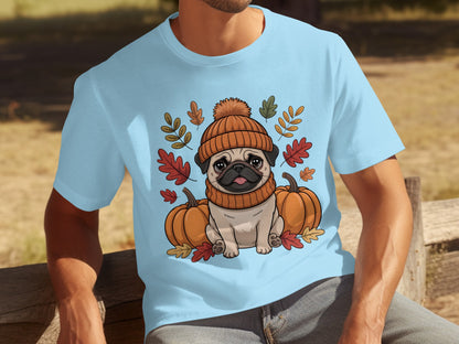 Cute Pug With Pumpkins and Leaves T-shirt