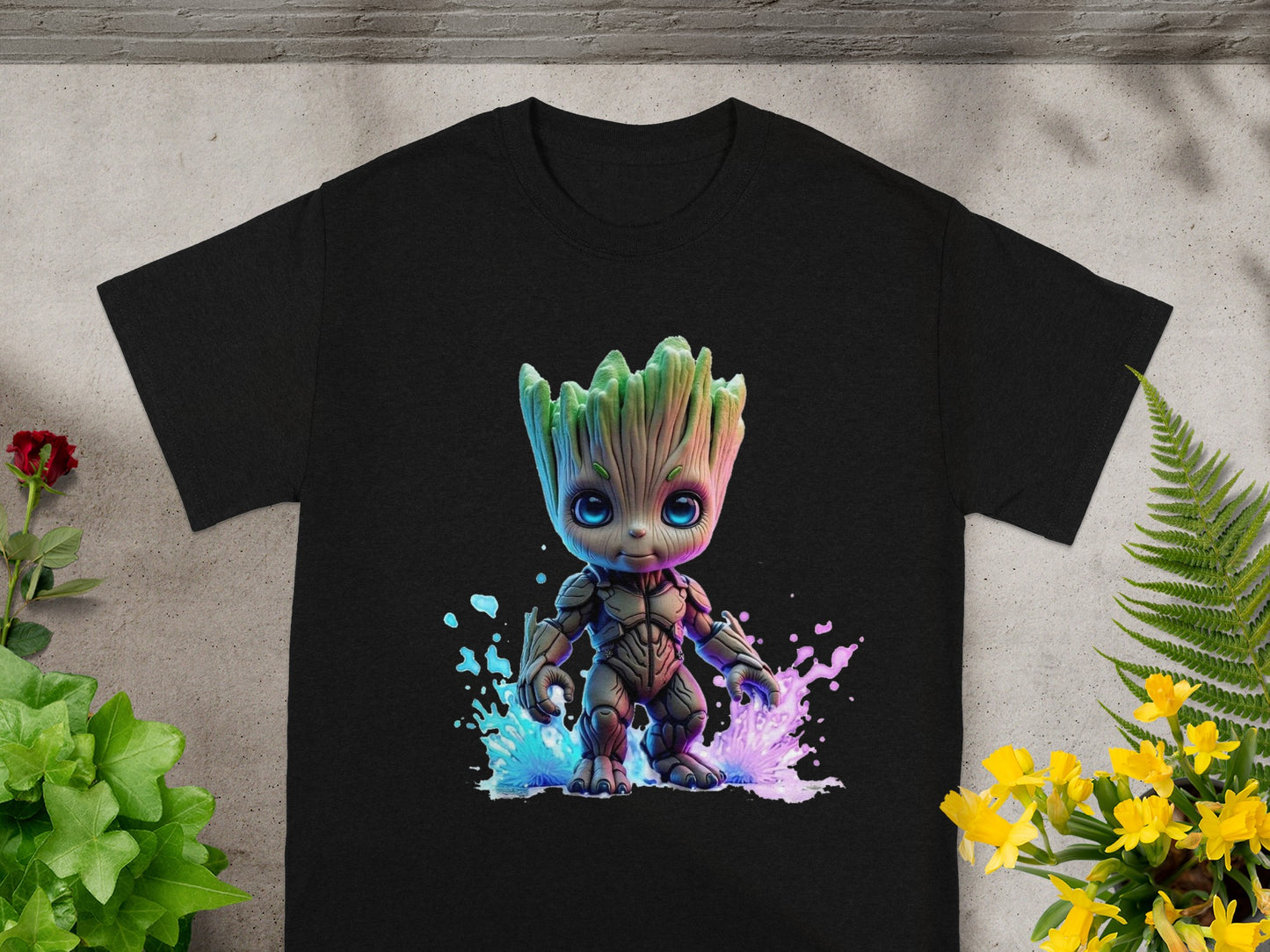 Black t-shirt featuring a watercolor illustration of Baby Groot.
