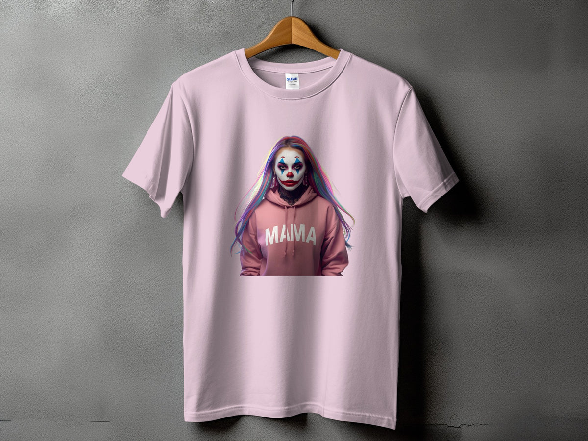 Pink t-shirt with a graphic of a person with clown makeup and "MAMA" text.