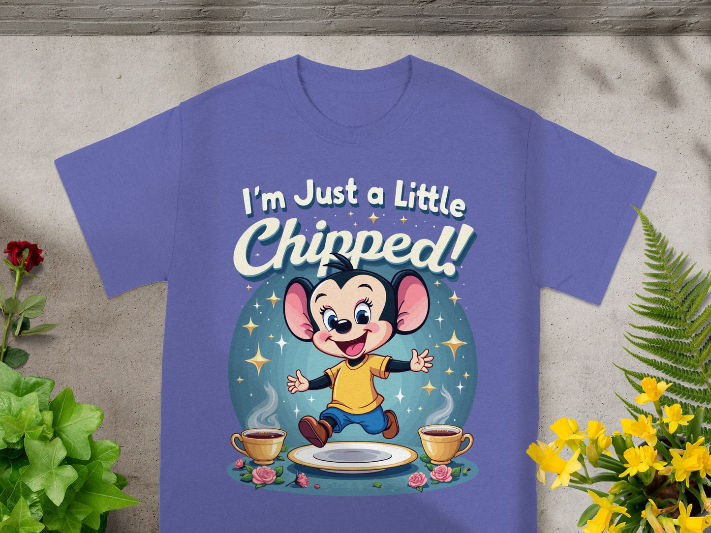 Purple t-shirt with cartoon mouse and "I'm Just a Little Chipped!" text.
