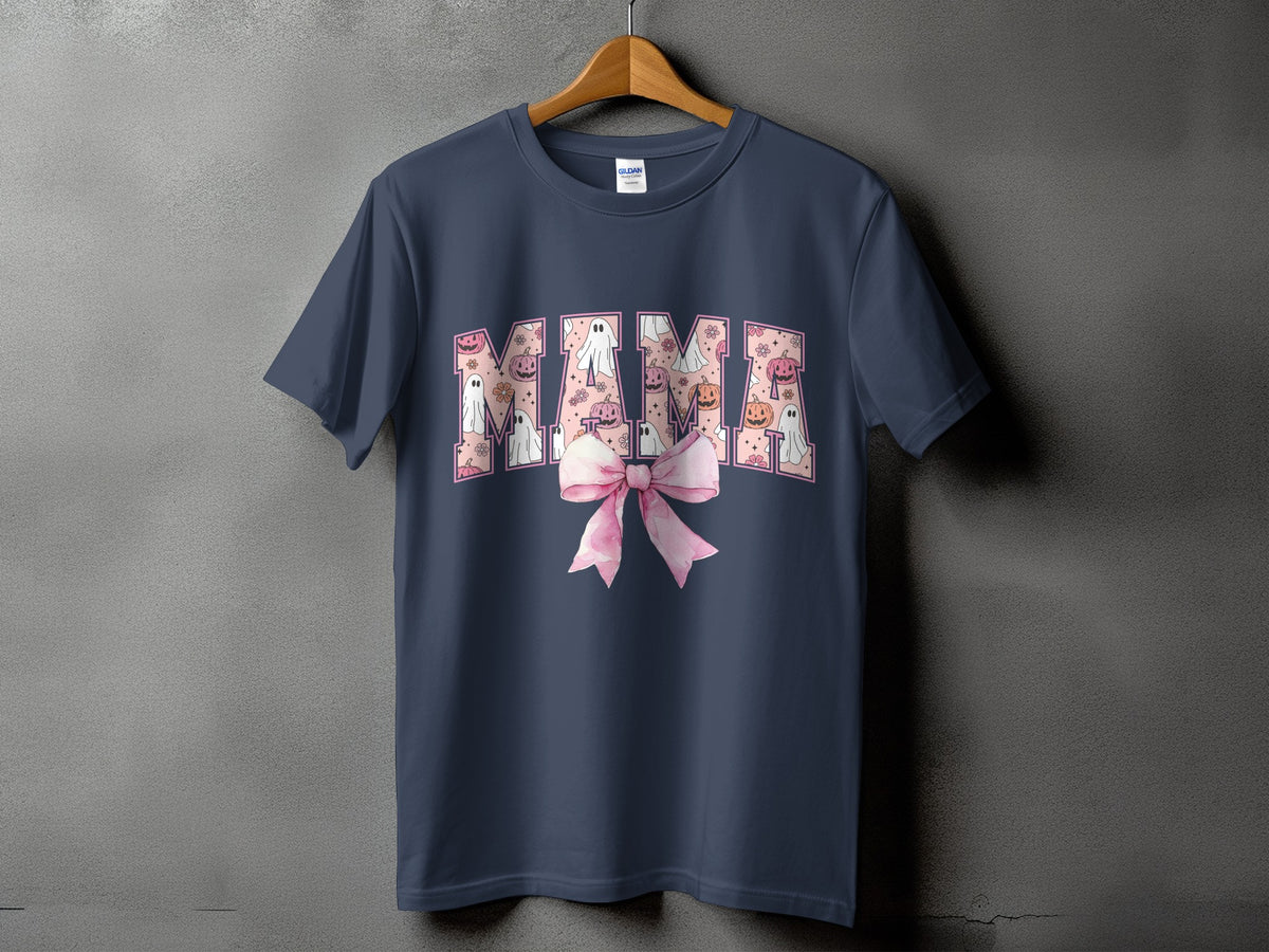 Navy t-shirt with "MAMA" text featuring Halloween ghosts and pumpkins, with a pink bow.