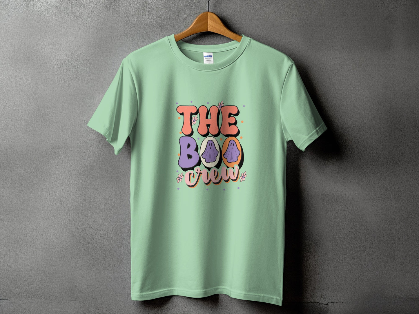 Light green t-shirt with "The Boo Crew" text and ghosts.