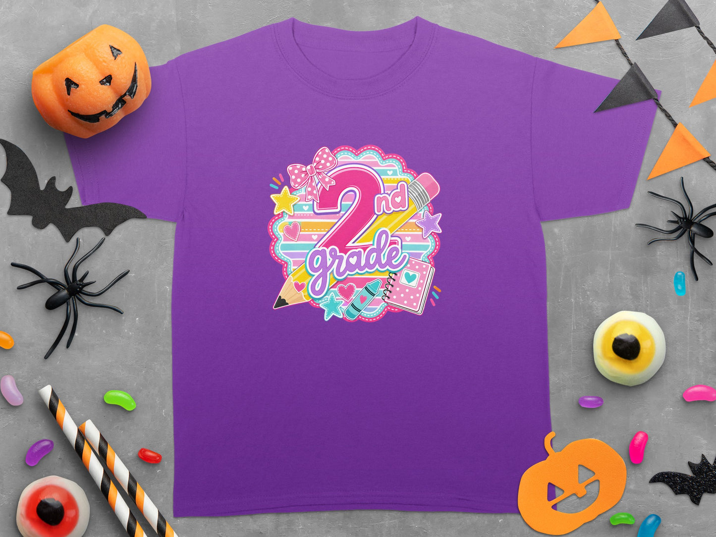 Purple t-shirt with "2nd grade" graphic featuring a large number 2, pencil, and stars.
