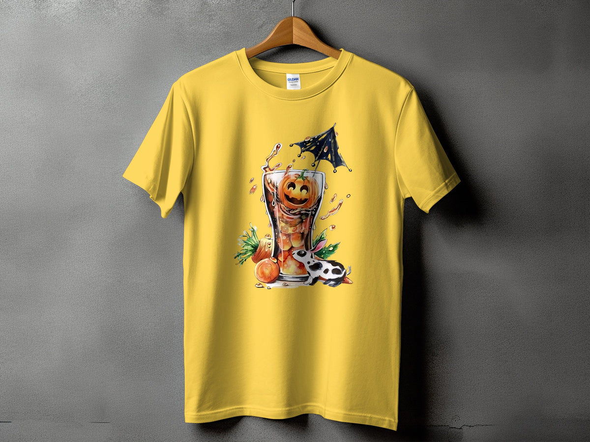 Yellow t-shirt with a Halloween-themed graphic of a pumpkin in a drink.