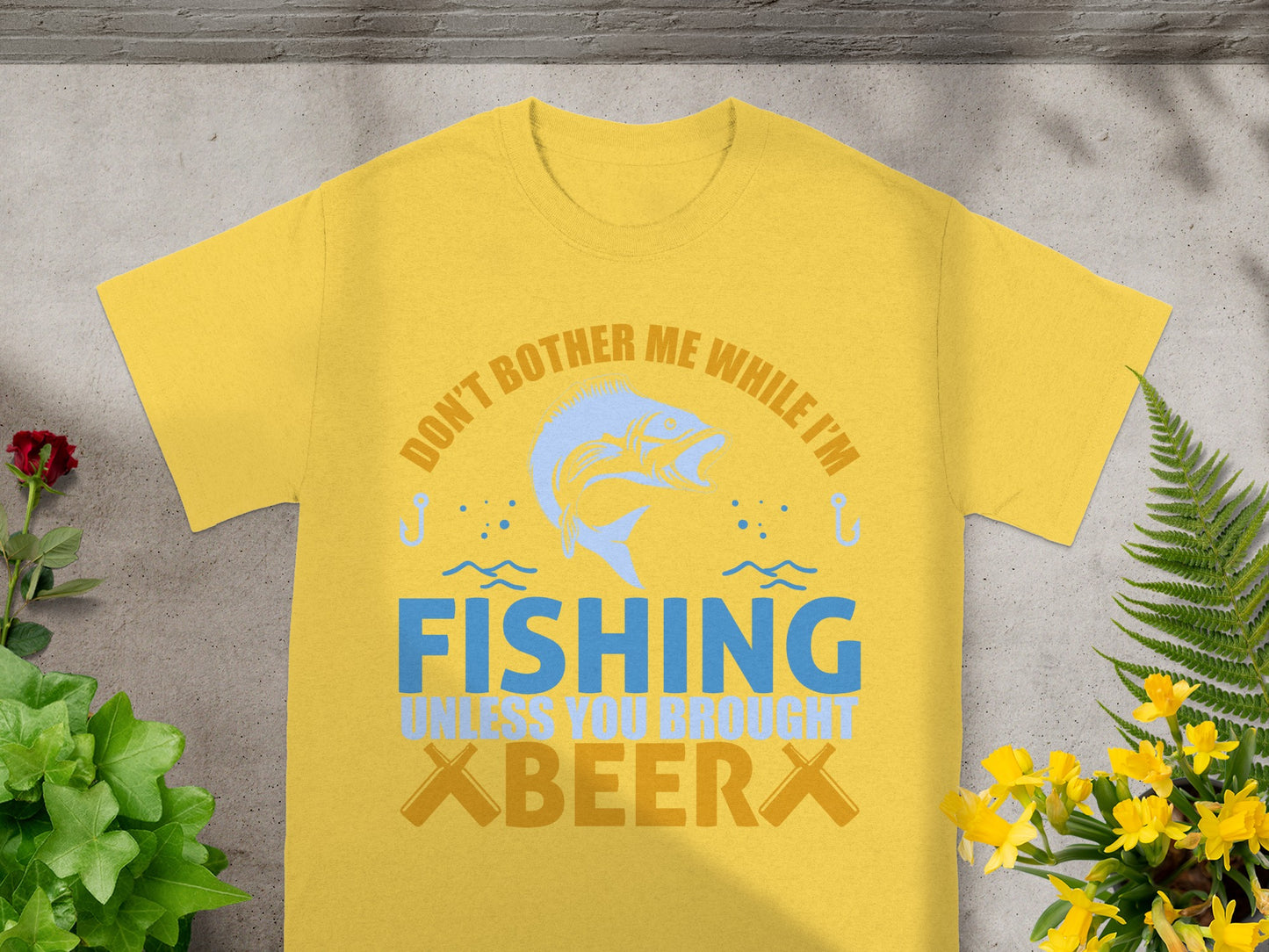 Yellow t-shirt with "Don't Bother Me While I'm Fishing Unless You Brought Beer".