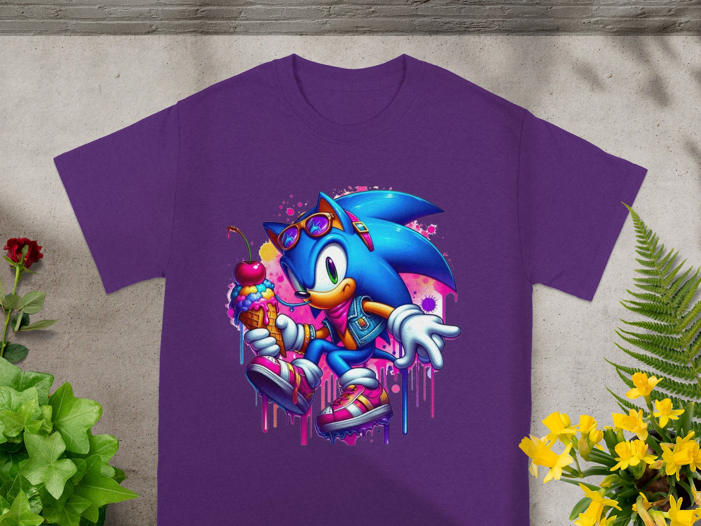 Sonic the Hedgehog wearing sunglasses and holding an ice cream cone, printed on a purple t-shirt.