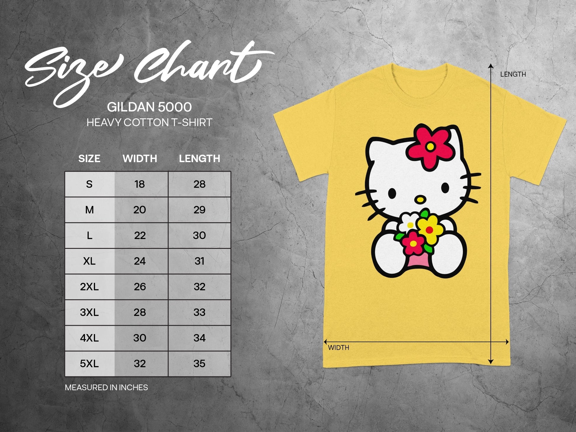 Gildan 5000 Yellow Character T-Shirt Size Chart product type