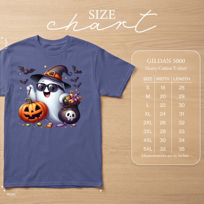Halloween ghost with pumpkin, candy, and bats on a Gildan 5000 t-shirt size chart.
