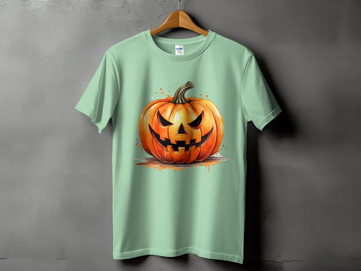 Mint green t-shirt with a watercolor jack-o'-lantern graphic design.