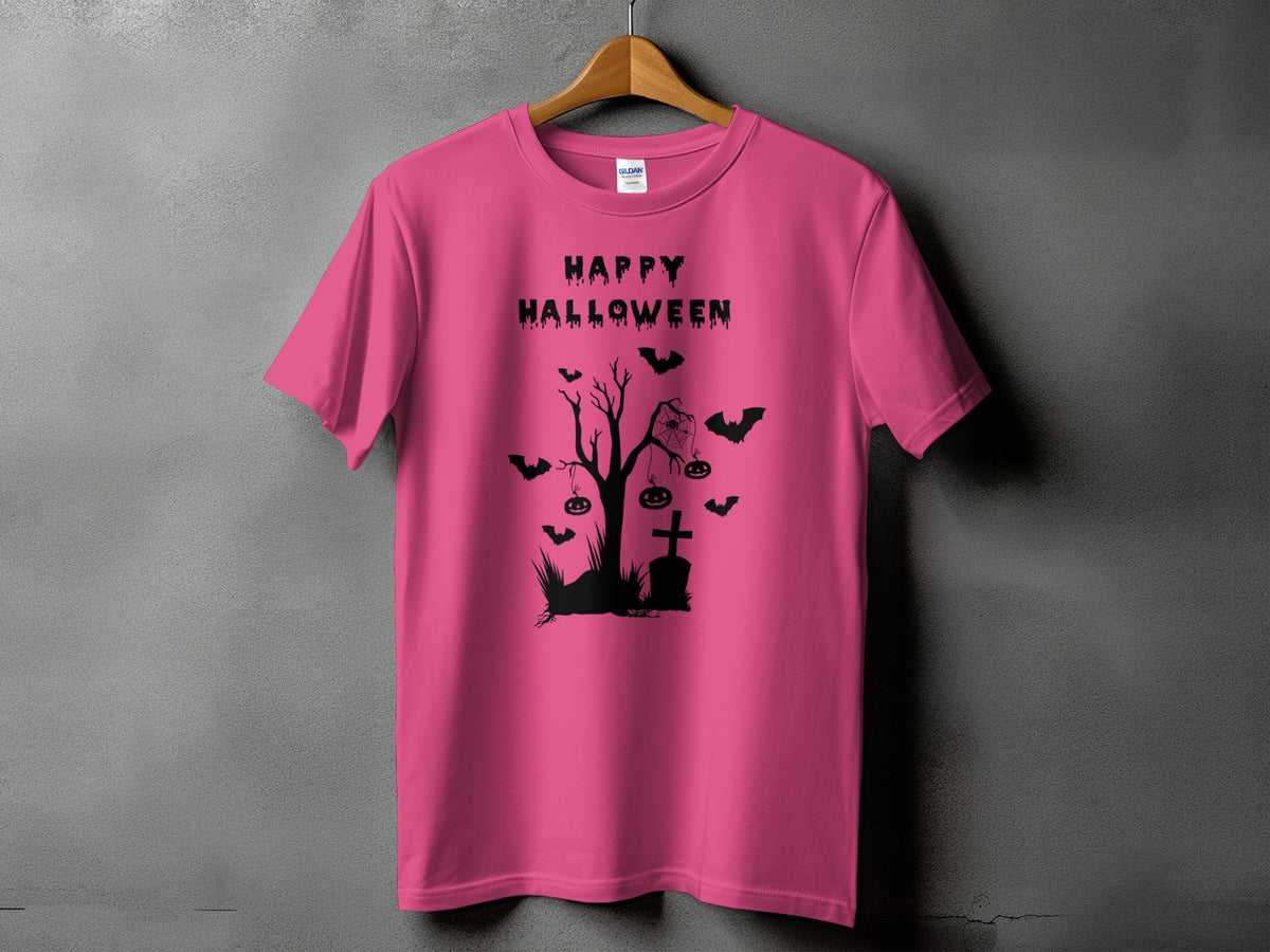 Pink t-shirt with "Happy Halloween" text and a black Halloween graphic.