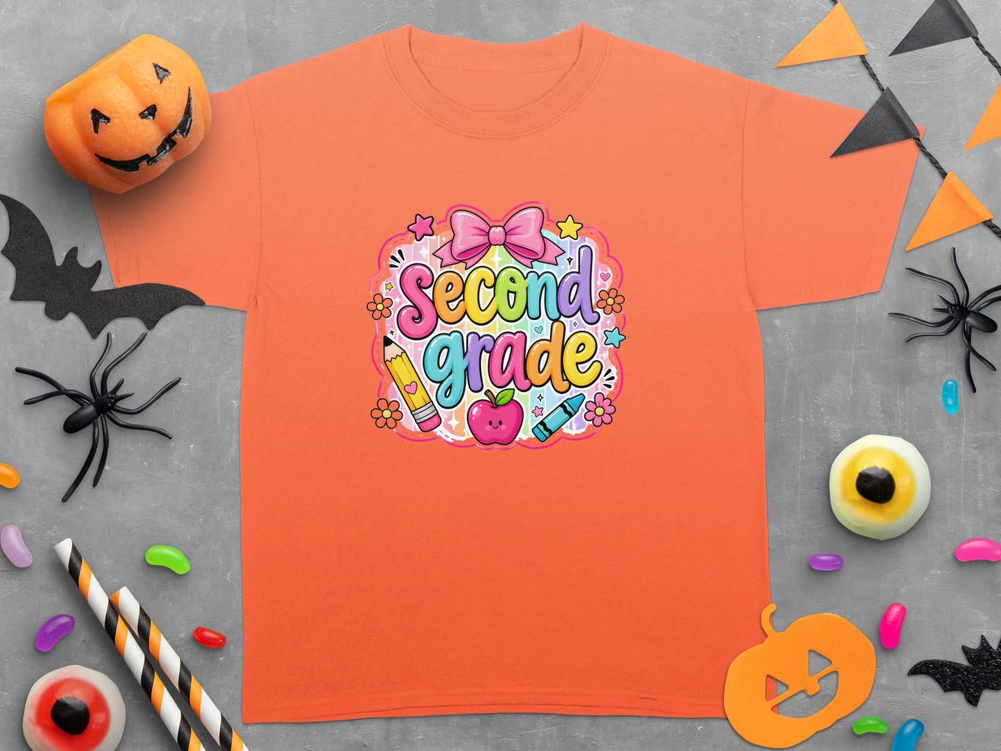Orange t-shirt with "Second Grade" text and Halloween-themed decorations.