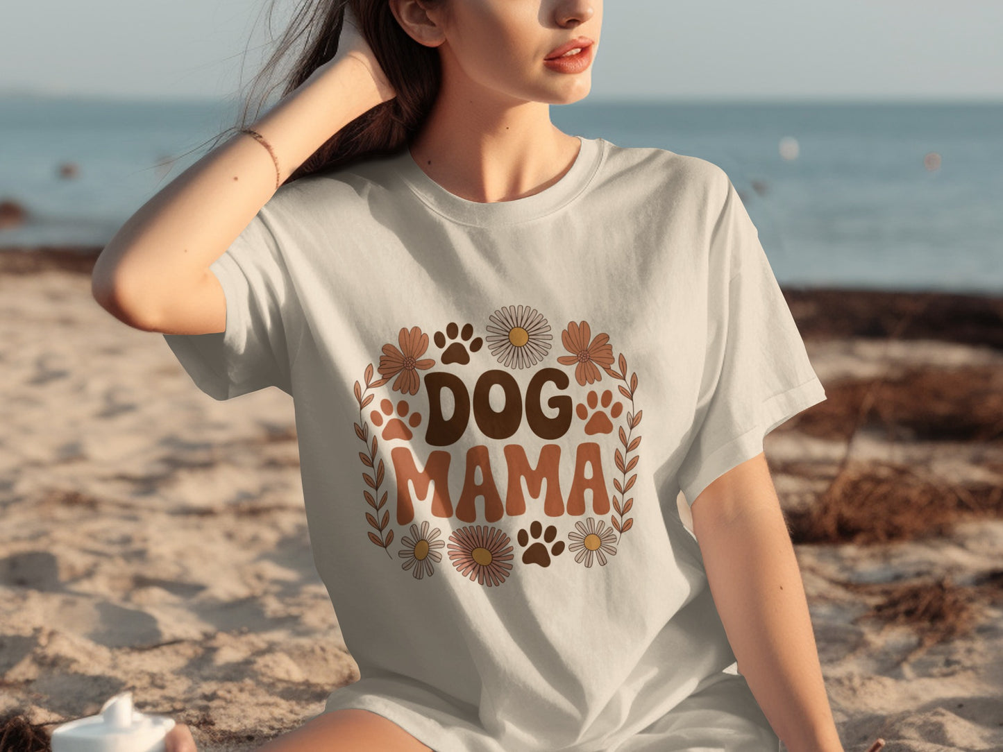 Dog Mama Graphic T-Shirt with Floral and Paw Print Design