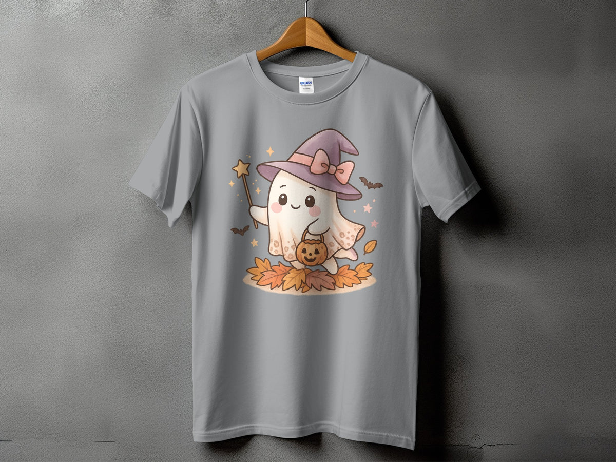 Grey t-shirt with a cute ghost in a witch hat holding a pumpkin and magic wand.