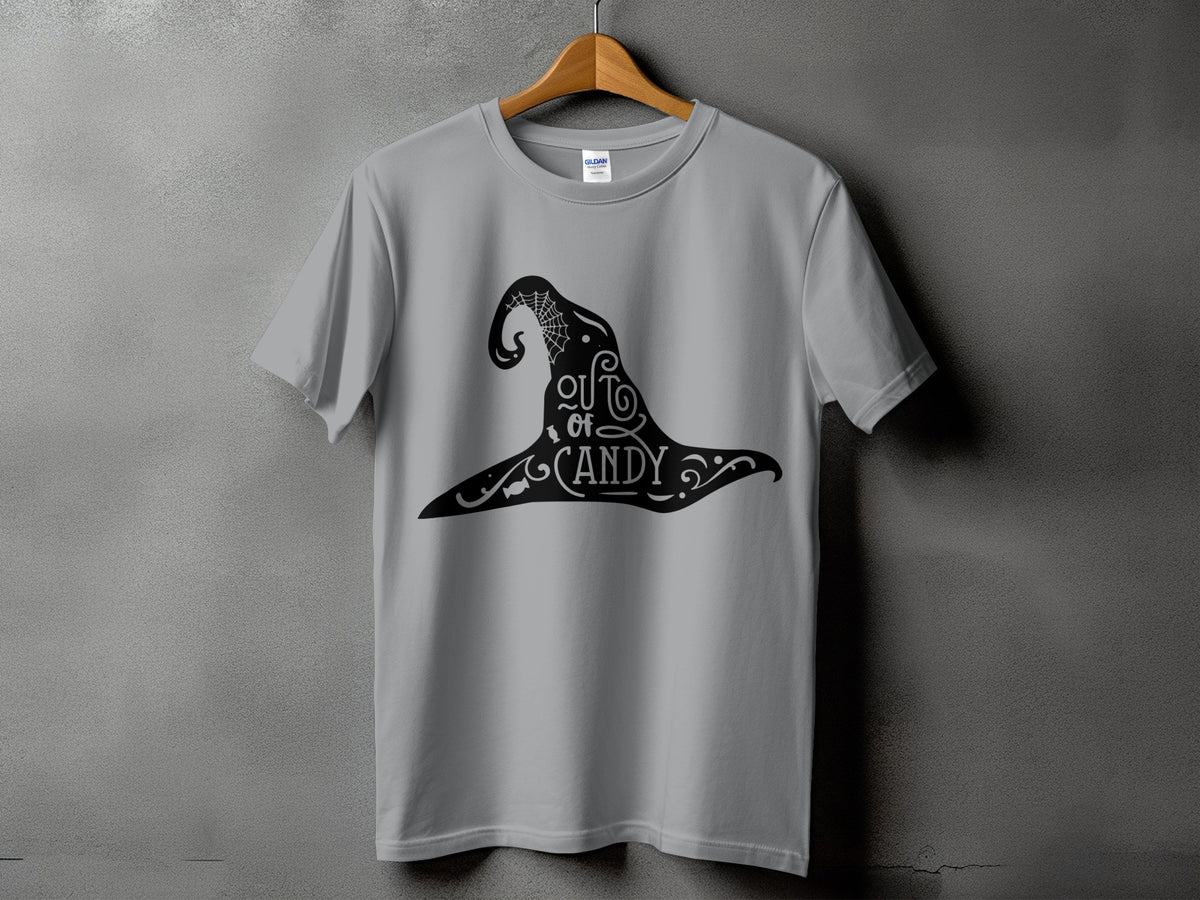Grey t-shirt with black witch hat graphic that says "Out of Candy".