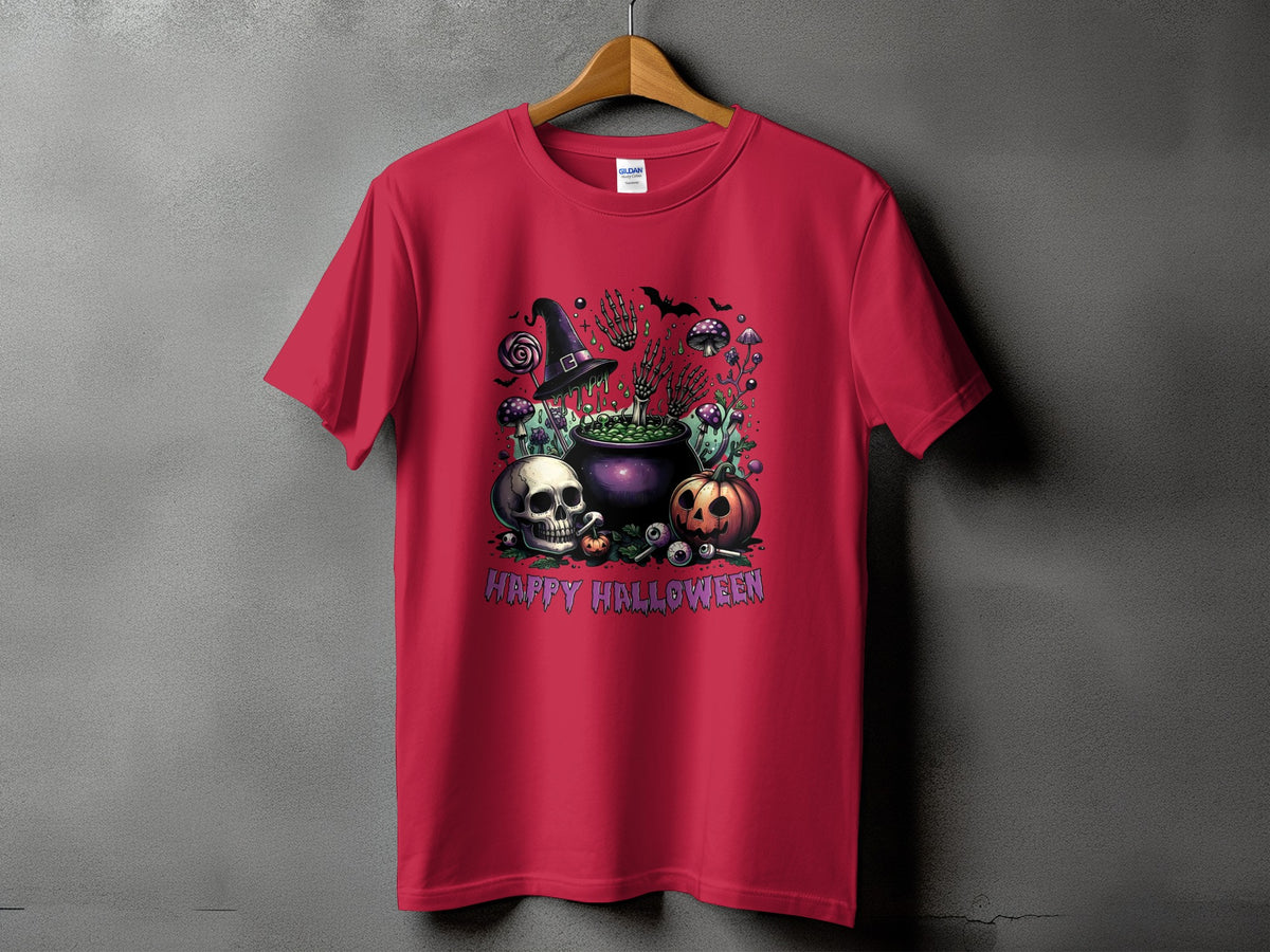Red t-shirt with Halloween graphic featuring skulls, pumpkin, cauldron, and text "HAPPY HALLOWEEN".