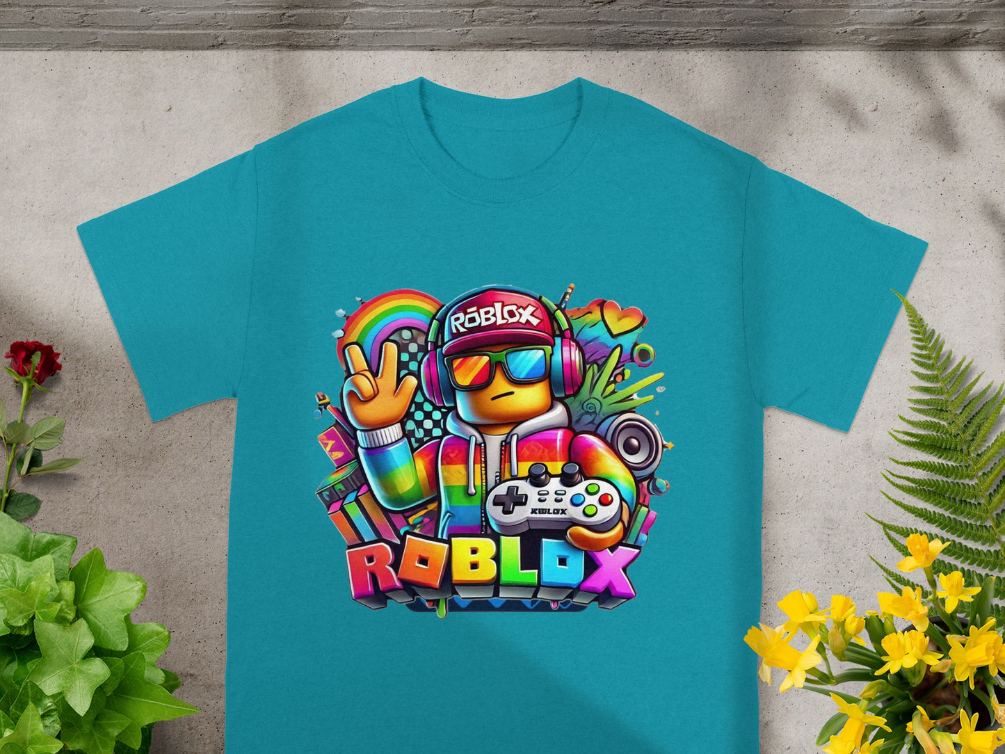 Roblox graphic tee with colorful character and rainbow details.