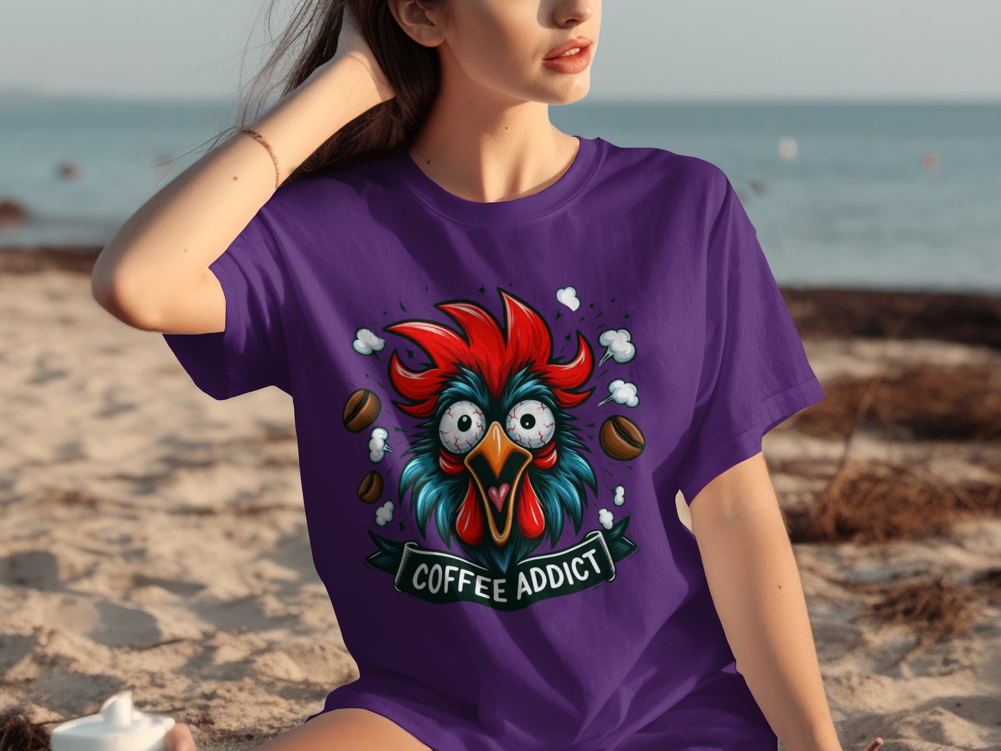 Coffee Addict Rooster Graphics Funny T-Shirt