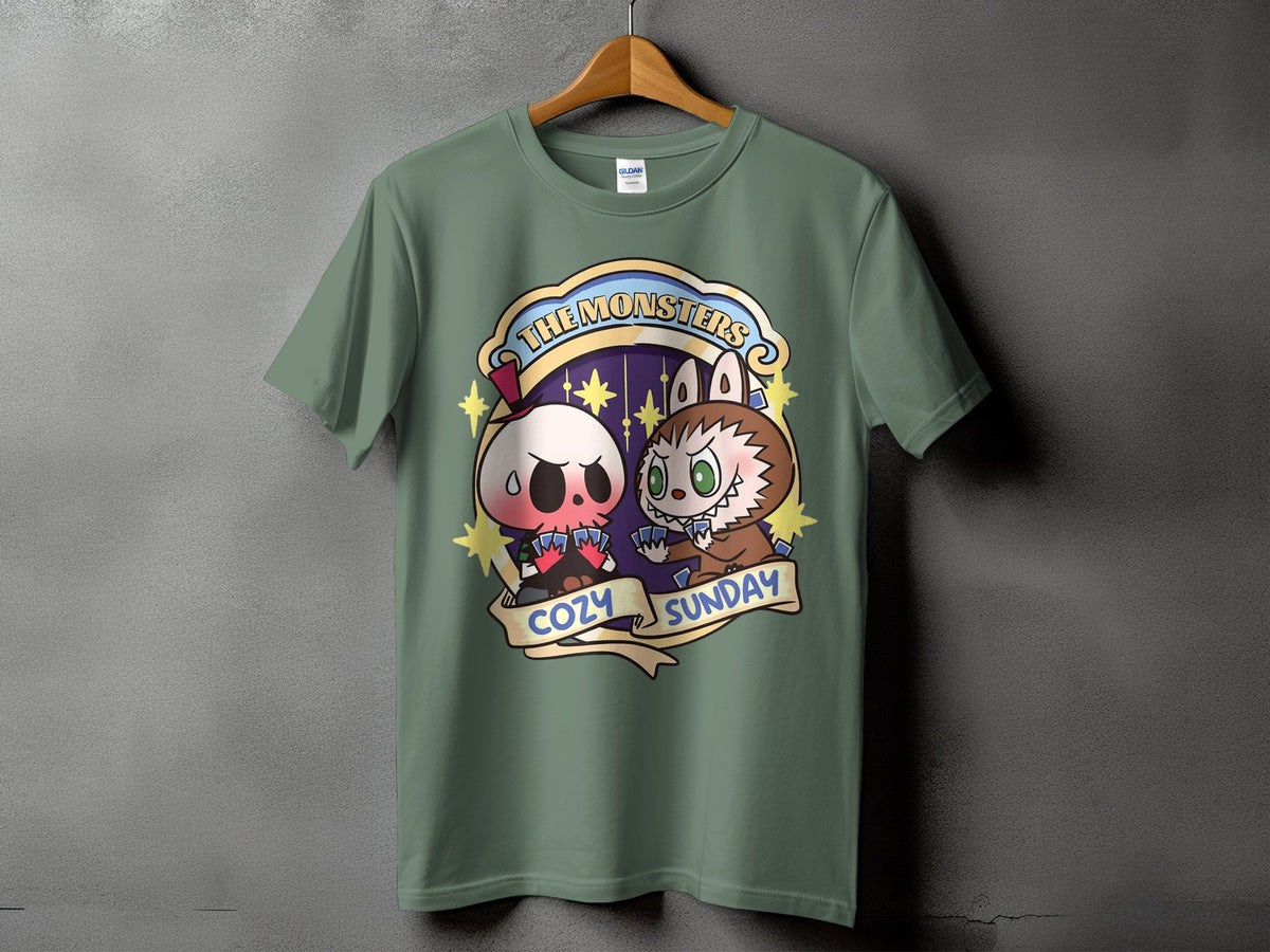 Green t-shirt with "The Monsters Cozy Sunday" graphic featuring cartoon characters.